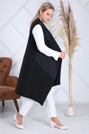 HESNA Sevda Large Size Asymmetrical Black Vest - Curved Glitter