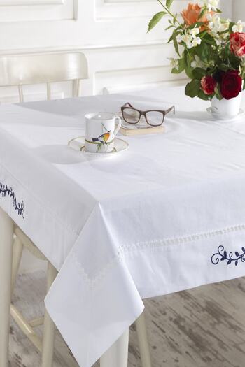 ÖDEL HOME Buldan Fabric Dark Blue Elegant Embroidered Tablecloth with Lace
