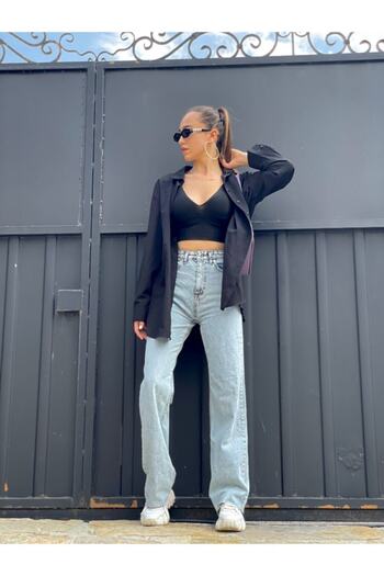 Ramrod -buz Kar Likralı Süper Yüksek Bel Salaş Jeans Palazzo Pantolon. (SÜPER YÜKSEK) Wide Leg