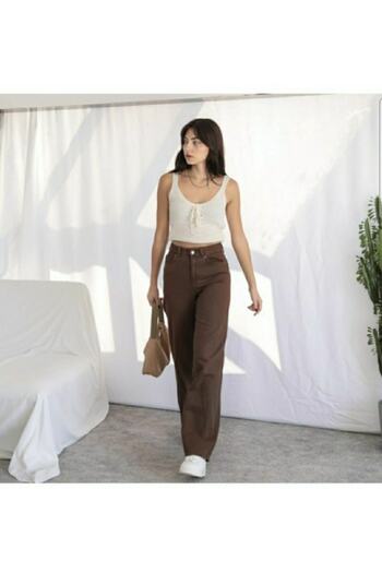 Trn JNS Brown Lycra Super High Waist Loose Jeans Palazzo Trousers. (SUPER HIGH) Wide Leg