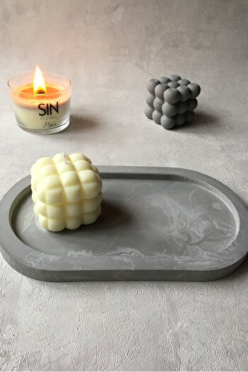 sin istanbul Oval Plate Concrete Gray Marble Pattern Jewelry Plate, Candle Holder, Organizer, Presentation Holder, Coaster