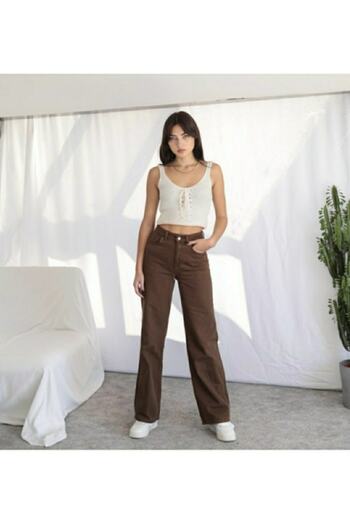 Trn JNS Brown Lycra Super High Waist Loose Jeans Palazzo Trousers. (SUPER HIGH) Wide Leg