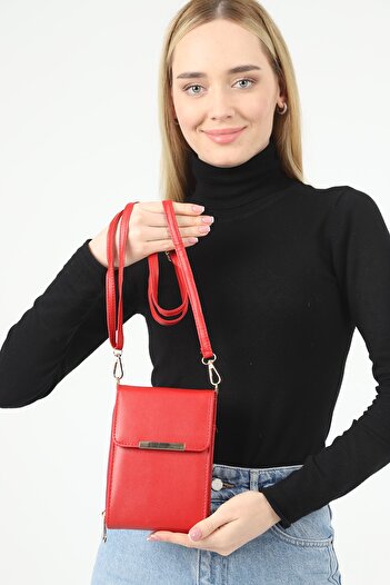 GÜLÇEM butik Kadın Kırmızı Deri Askılı Cüzdan Ve Çapraz Çanta