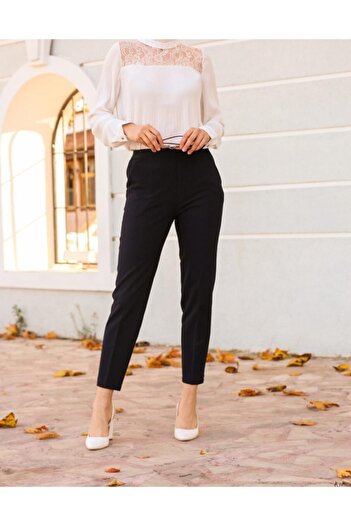 ZARAZA Women's Navy Blue Elastic Waist Plaid Trousers