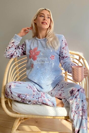 Pijamaevi Set de pijamale de pluș pentru femei cu model Blue Leaf
