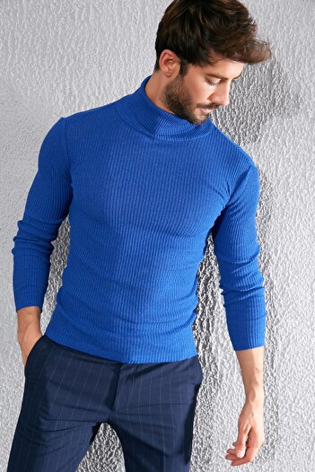 Sateen Men Men's Sax Blue Full Fisherman Knitwear 20KTR335E100