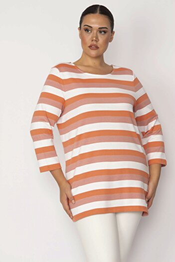Şans Women's Large Size Powder Cotton Fabric Crew Neck Striped Tunic 65n29311