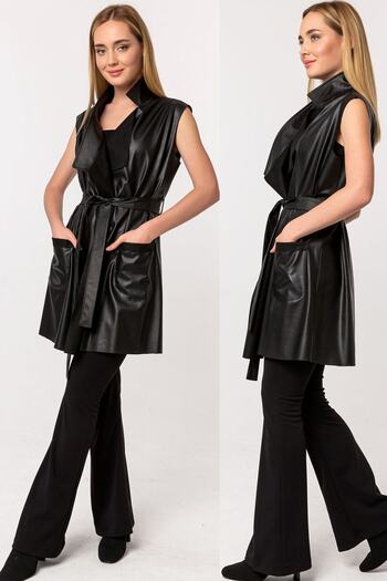Laranor Black Shawl Collar Belted Leather Vest
