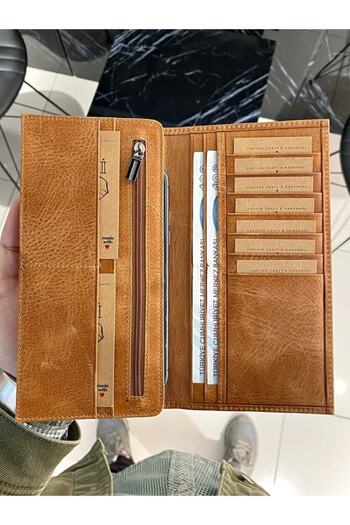 Fil Deri Genuine Leather Wallet with Phone Compartment Zipper Compartment Men's Tan Color 2013