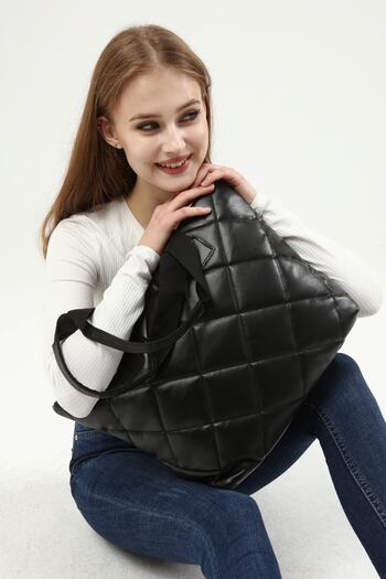 Güce Black Quilted Diamond Pattern Large Size Hand and Shoulder Bag Gc012400