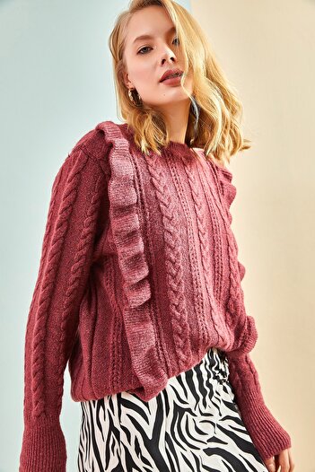 Bianco Lucci Női Dusty Rose áttört fodros puha pulóver 1020W1007