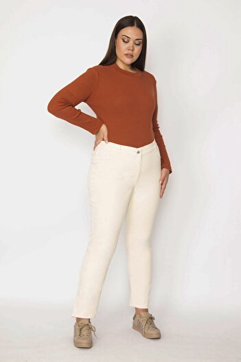 Şans Women's Large Size Beige 5 Pocket Lycra Denim Trousers with Lace Detail on Pocket Mouth and Back Seal 65n29244