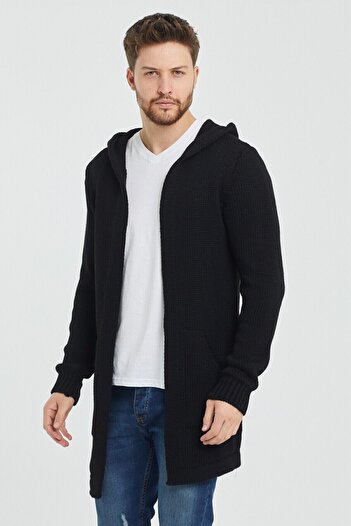 COOL TARZ Men's Black Hooded Pocket Poncho Knitwear Cardigan
