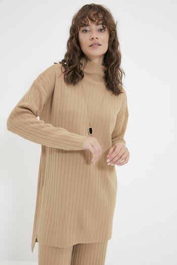 Trendyol Modest Camel Half Turtleneck Ribbed Sweater-Pants Knitwear Set TCTAW22US0101