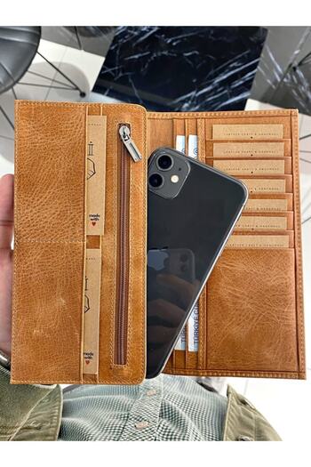 Fil Deri Genuine Leather Wallet with Phone Compartment Zipper Compartment Men's Tan Color 2013