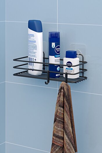 Teknotel Bathroom Shelf with Adhesive Hooks Matte Black St117h