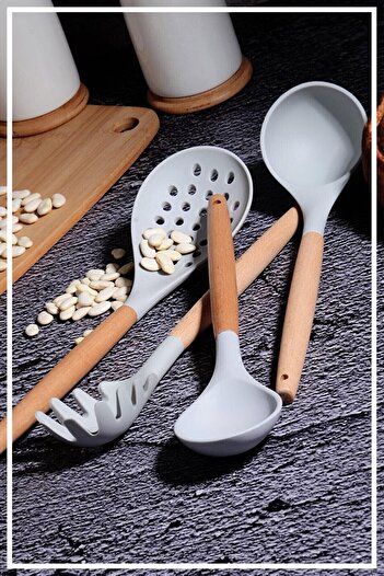 HAZARPAZAR Bamboo Handle Silicone Spoon & Ladle & Colander & Spaghetti Set of 4 - Smoked