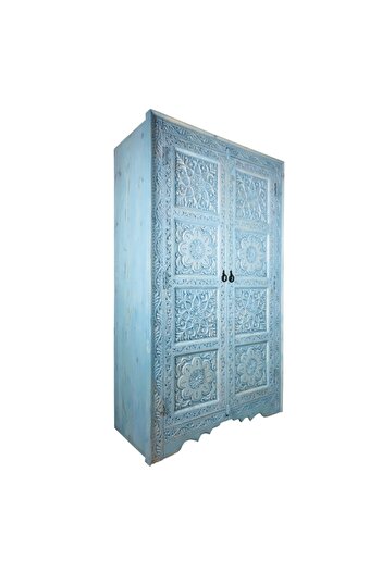 Turkiano Merv Art Gallery Şahmeran Gardrop El Oyma Masif Mavi Wax Eskitme M437