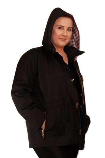 Fagi Women's Plus Size Lined, Hooded Black Bondit Seasonal Raincoat Coat