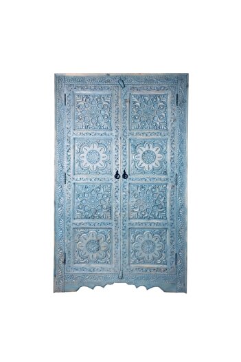 Turkiano Merv Art Gallery Şahmeran Gardrop El Oyma Masif Mavi Wax Eskitme M437