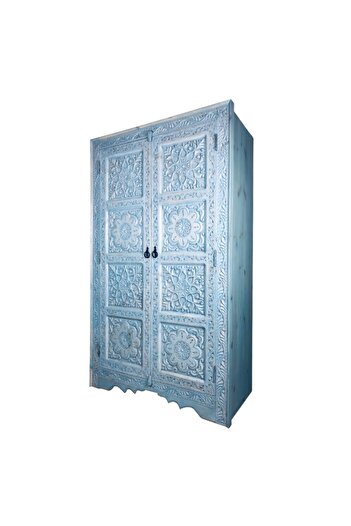 Turkiano Merv Art Gallery Şahmeran Gardrop El Oyma Masif Mavi Wax Eskitme M437