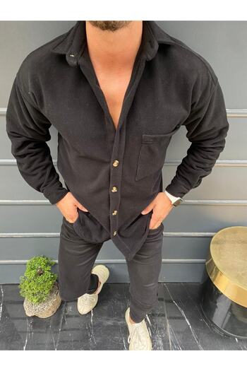 HAWKKİNG Men's Black Single Pocket Oversize Fleece Shirt