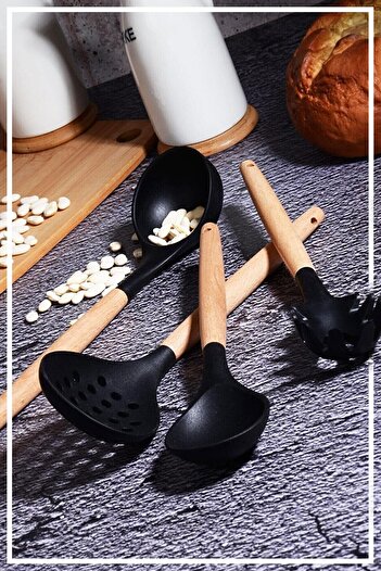 HAZARPAZAR Bamboo Handle Silicone Spoon & Ladle & Colander & Spaghetti Set of 4 - Black
