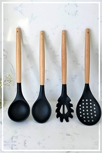 HAZARPAZAR Bamboo Handle Silicone Spoon & Ladle & Colander & Spaghetti Set of 4 - Black