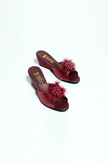 GIONA Burgundy Bridal Dowry Slippers with Wedge Heels