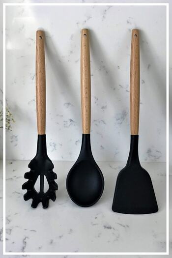 HAZARPAZAR Bamboo Handle Silicone Spoon & Spatula & Spaghetti - Black