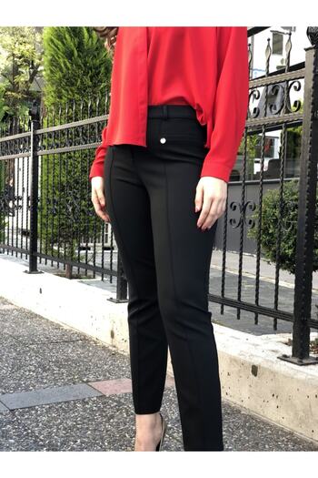 AYHAN Women's Black High Waist Front Stitched Lycra Trousers