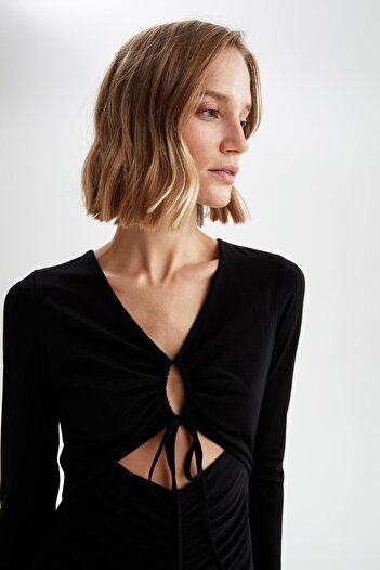 DeFacto Slim Fit Πρωτοχρονιάτικο θεματικό Midi φόρεμα με χαμηλό σκίσιμο
