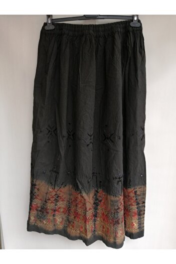 Butik Tülin Otantik Pamuk Siyah Çok Renkli Batik Aynalı El Işi Iplik Nakışlı Standart Etek Hint Malı