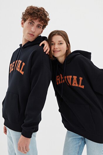 Trendyol Collection Φούτερ Unisex Navy Blue - Oversize Hooded, Fleece Cotton, Ζεστό TMNAW22SW1462