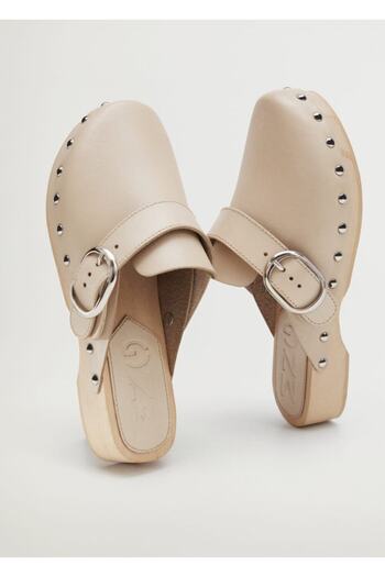 MANGO Woman Women's Beige Studded Heeled Leather Slippers