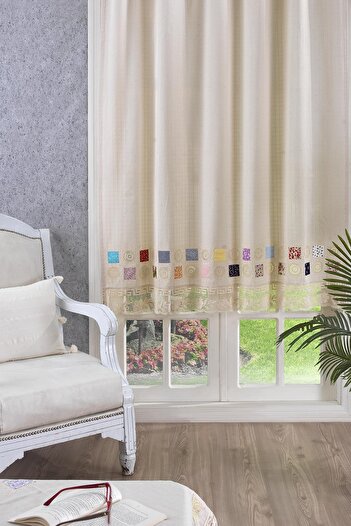 ÖDEL HOME Naturel Yamalı Ve Iplik Işlemeli Perde