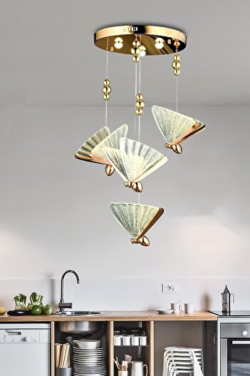 burenze Elegance Modern Kelebek Tasarım Dörtlü Sarkıt Led Avize Rose Gold Sarı Harika Görsel