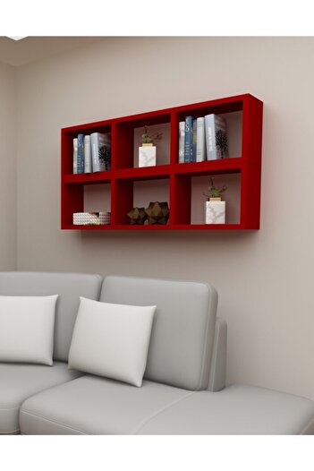 Dekormer Design Kitaplık Yan Kırmızı Renk Duvar Rafı Ikili Takım