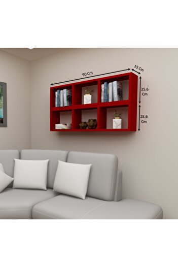 Dekormer Design Kitaplık Yan Kırmızı Renk Duvar Rafı Ikili Takım