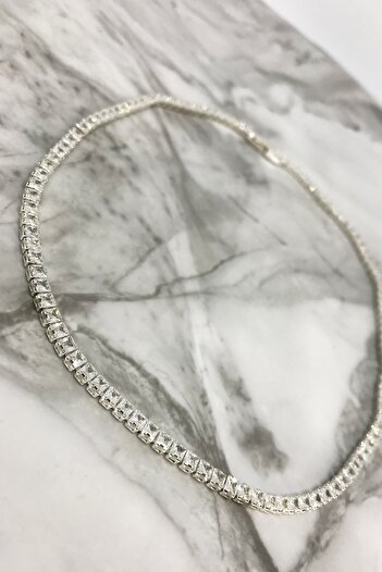 SMPLEBOX Kare Prenses Kesim Choker Zirkon Taşlı Su Yolu Kolye, Taş Büyüklüğü 3 Mm, 40 Cm