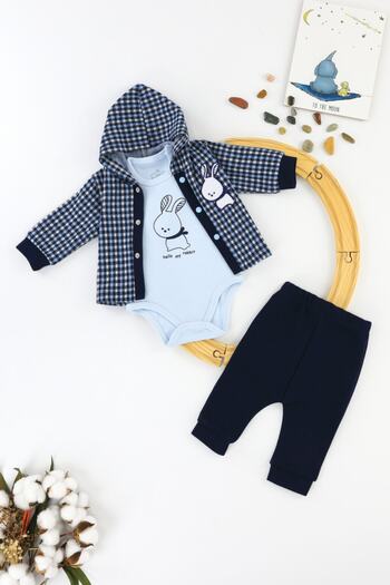 Umaybebek Rabbit Hooded 3-Piece Baby Set Navy Blue