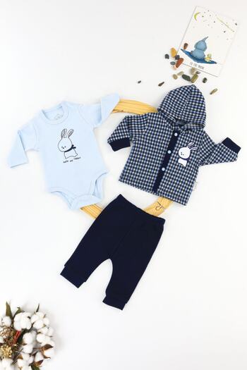 Umaybebek Rabbit Hooded 3-Piece Baby Set Navy Blue