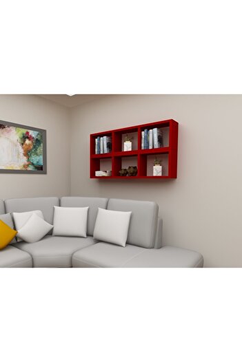 Dekormer Design Kitaplık Yan Kırmızı Renk Duvar Rafı Ikili Takım