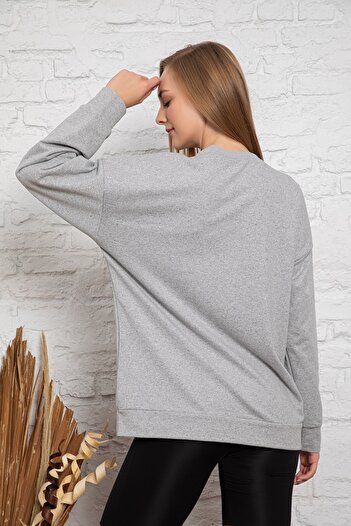 MyBen Unisex Uzun Kollu Iki Iplik Gri Renkli Oversize Sweatshirt Irf063