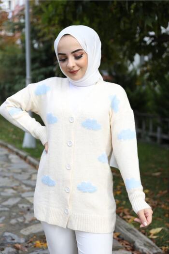 Pamuk Butik Γυναικεία πλεκτή ζακέτα με σχέδια σε σύννεφο