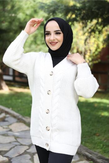 Pamuk Butik Women's Cream Knitted Patterned Cardigan