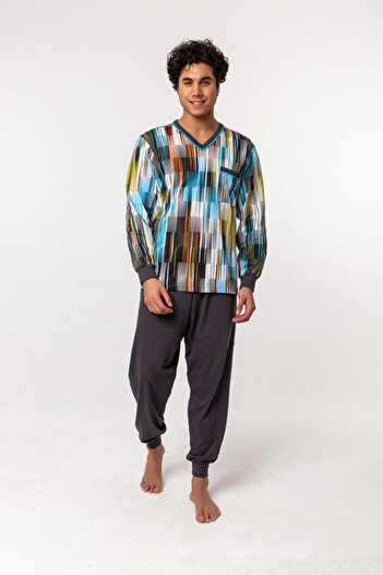 Nur Aka by Nurteks Multicolored Striped V-neck Cotton Large Size Pajamas Set