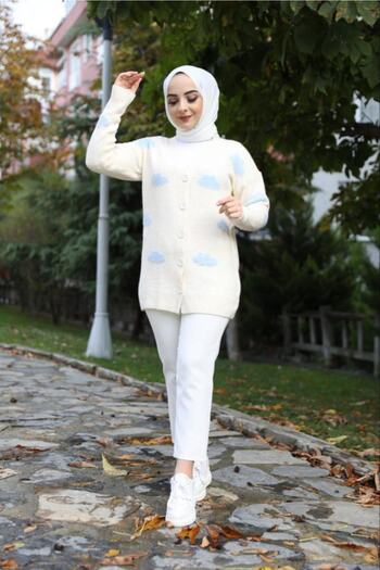 Pamuk Butik Γυναικεία πλεκτή ζακέτα με σχέδια σε σύννεφο