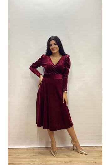 Bersi Butik Βελούδινο, Μίντι Βελούδινο Μπορντό Φόρεμα