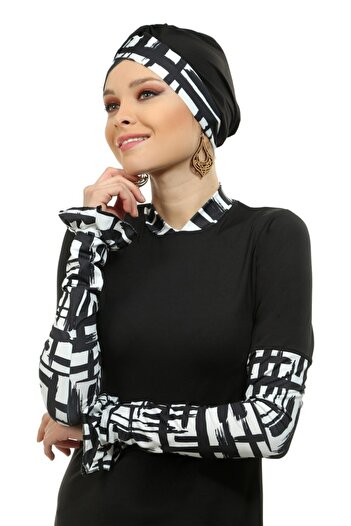Emayo Black and White Patterned Hijab Swimsuit
